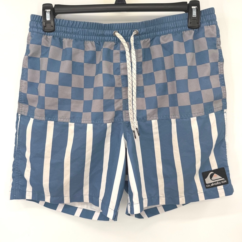 Quiksilver Volley Shorts Men Large Blue Checkerboard Striped Swim Trunks Surf